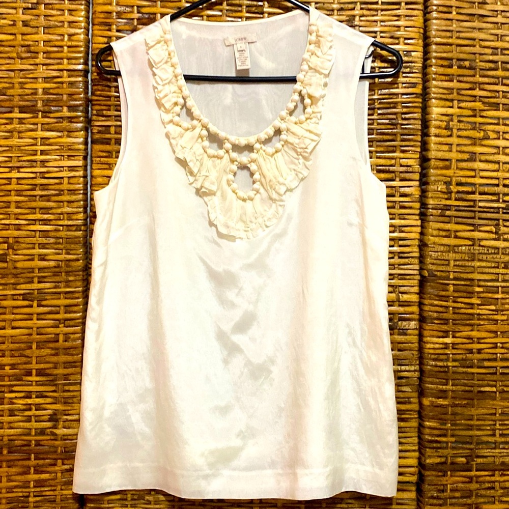 EUC J.Crew cream Silk blend Fully Lined Sleeveless ruffles beads top 6